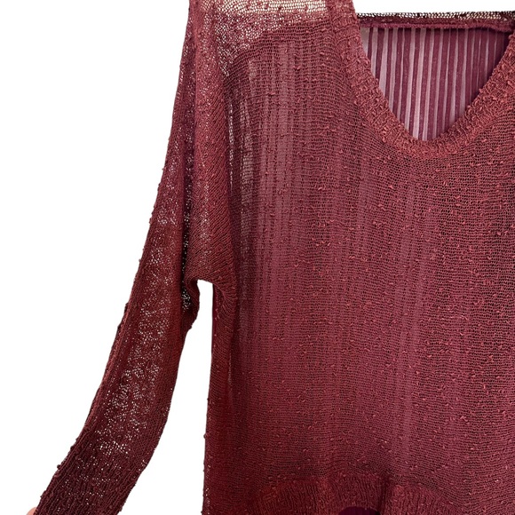 Anthropologie Maroon Sheer Knit Knotted Accordion Oversized Sweater Small - Picture 3 of 5